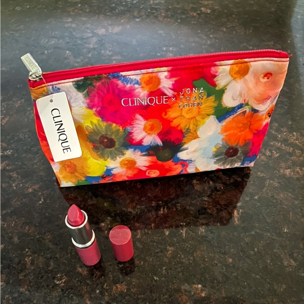 Clinique Pink Lipstick with Floral Makeup Bag